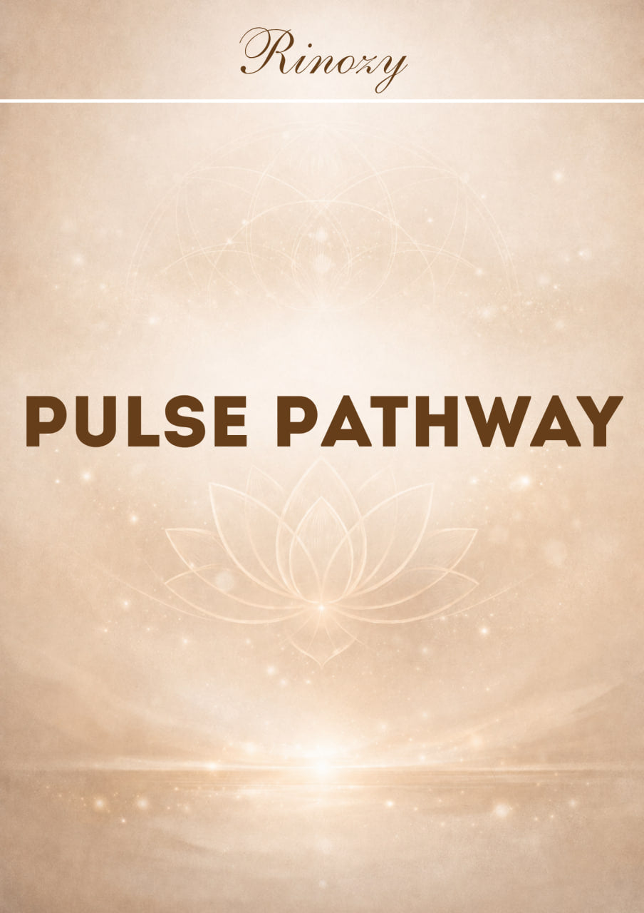 A square cover design for 'Pulse Pathway' by Rinoxy, featuring a warm beige and gold background with a faint lotus flower illustration and glowing light effects.
