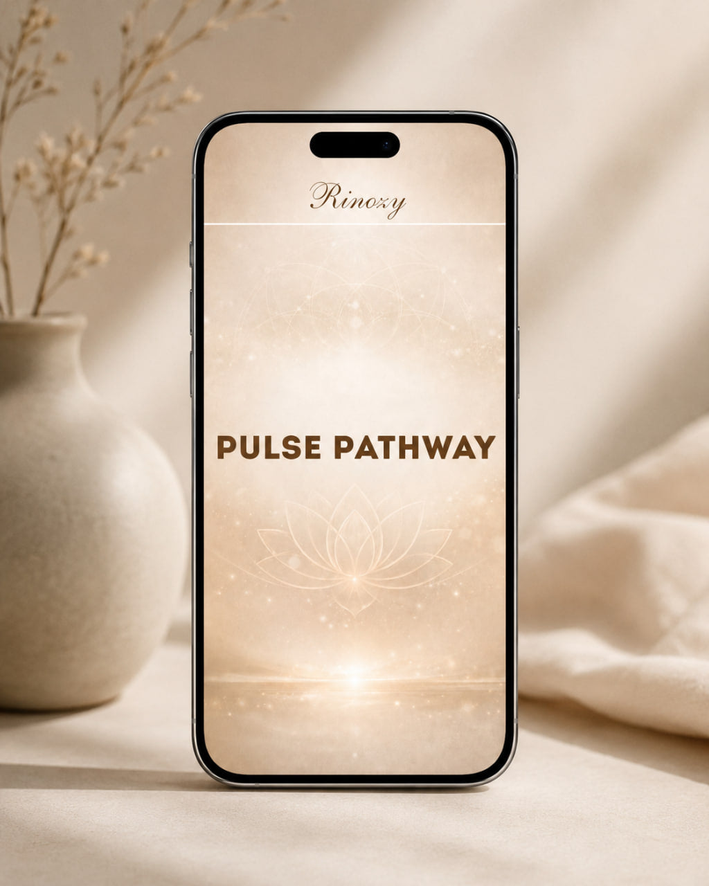 A smartphone centered on a warm beige surface, displaying the text 'PULSE PATHWAY' with a soft glowing lotus design. The phone is styled in a serene setting with a ceramic vase and dried stems on the left and draped fabric on the right.