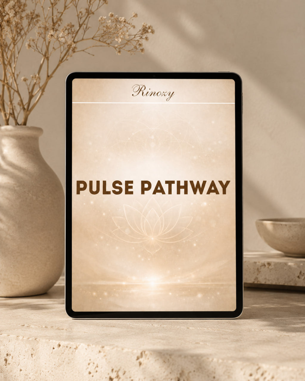 A tablet or digital frame displaying the title 'PULSE PATHWAY' with a soft beige and gold abstract background, styled on a stone surface beside a ceramic vase with dried branches and a small bowl.