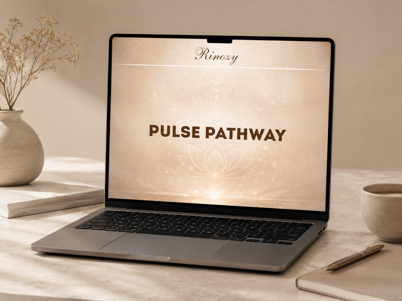 An open laptop on a light stone desk displaying a warm beige screen with the text 'PULSE PATHWAY' and the brand name 'Rinovy' at the top. The scene is styled with a ceramic vase of dried stems, a notebook, a pen, and a cup in a softly lit indoor setting.