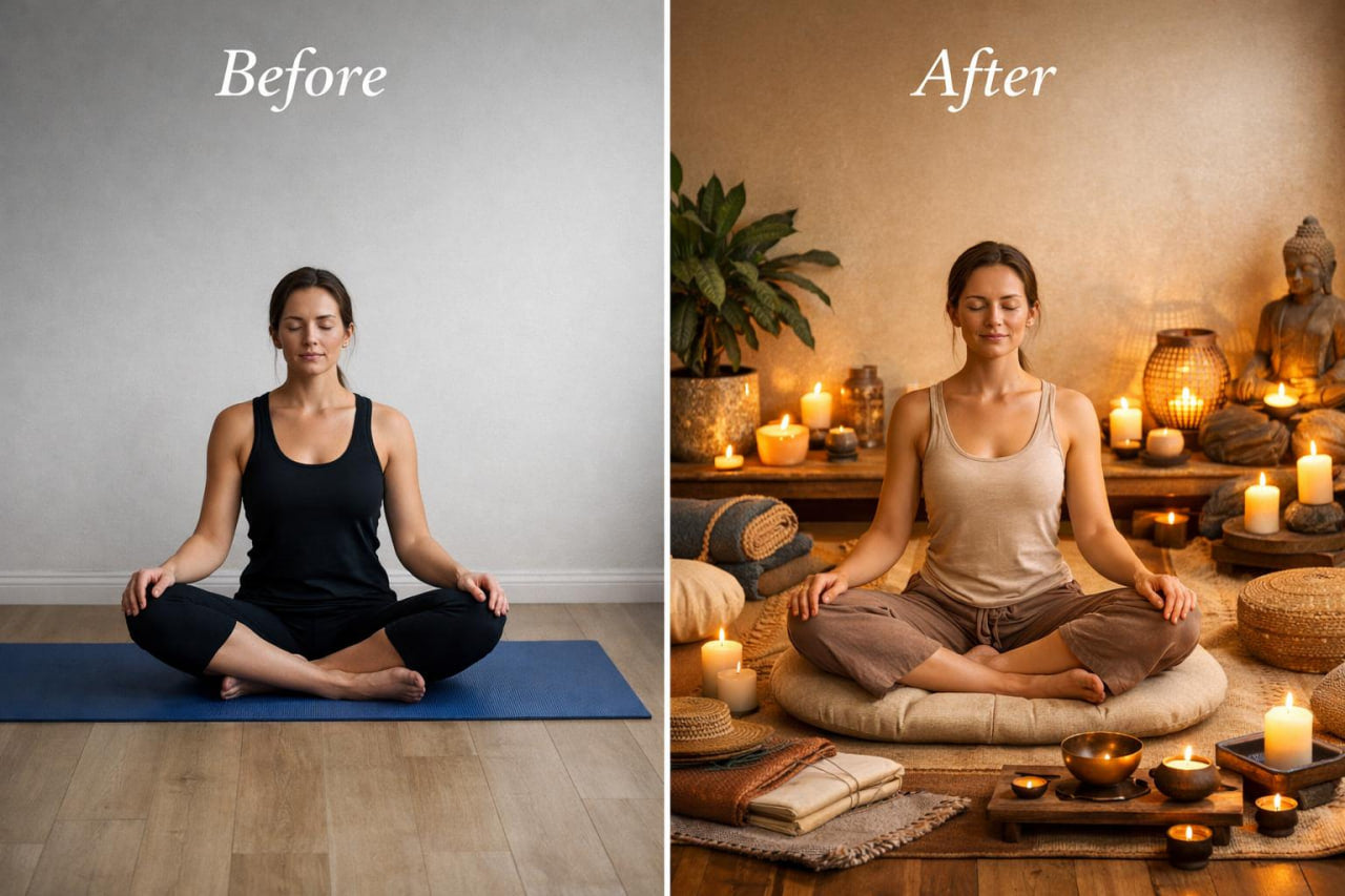 A side-by-side before and after comparison showing a woman in a meditative seated pose. On the left, labeled 'Before,' she wears a black tank top and black pants on a blue mat against a plain light gray wall and wood floor.
