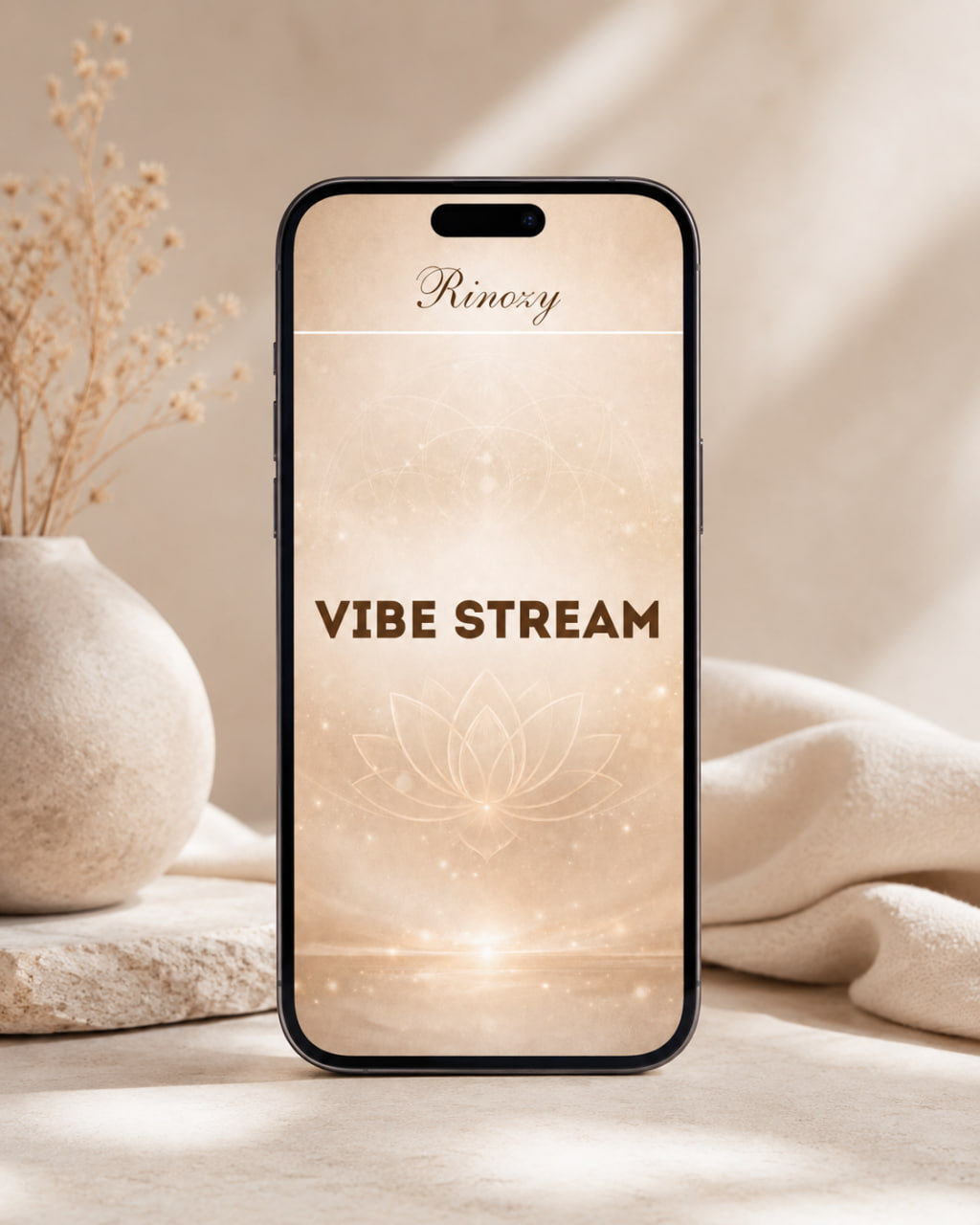 A smartphone centered in a warm beige setting, displaying the text 'VIBE STREAM' with a soft lotus illustration on the screen. The phone has a black border and the on-screen brand name 'Rinoyz' is visible at the top.
