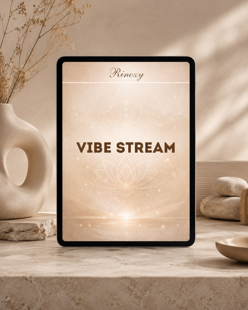 A tablet device with a black frame displays a warm beige graphic reading 'Remoxy VIBE STREAM' on a styled tabletop with dried flowers, stones, and soft shadows.