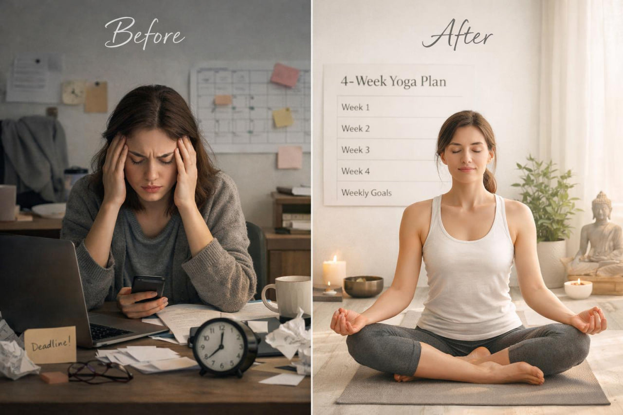 A side-by-side before and after comparison showing a woman. On the left, labeled 'Before,' she is stressed at a desk with a laptop, phone, and clutter.