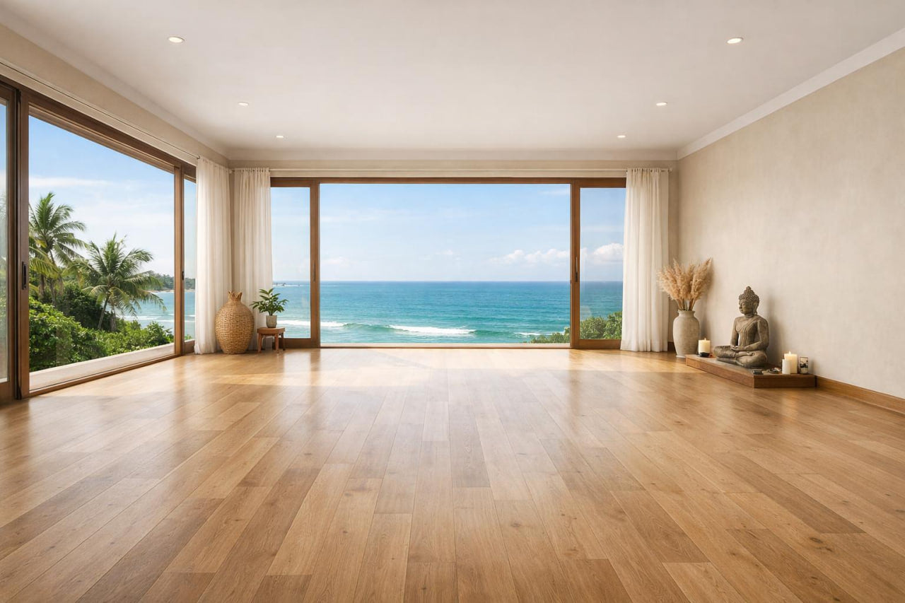 A spacious, modern yoga or meditation room with light wood floors and large windows overlooking a tropical ocean and palm trees, decorated with a small Buddha statue and dried grass in a vase.