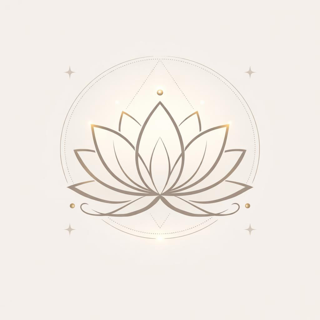 A minimalist gold lotus flower emblem centered within a circular geometric design on a light cream background.