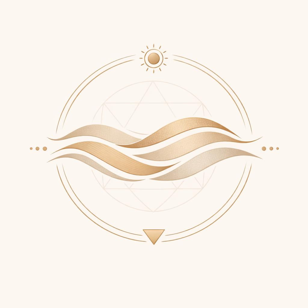 A minimalist gold and beige graphic emblem featuring wavy lines, a sun, geometric shapes, and circular border elements on a light cream background.