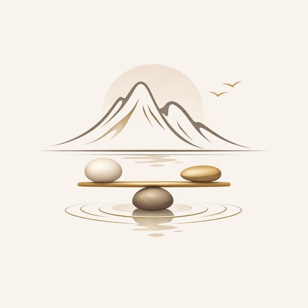 Minimalist vector illustration of a mountain landscape with a balance scale in the foreground holding smooth stones, on a warm cream background.