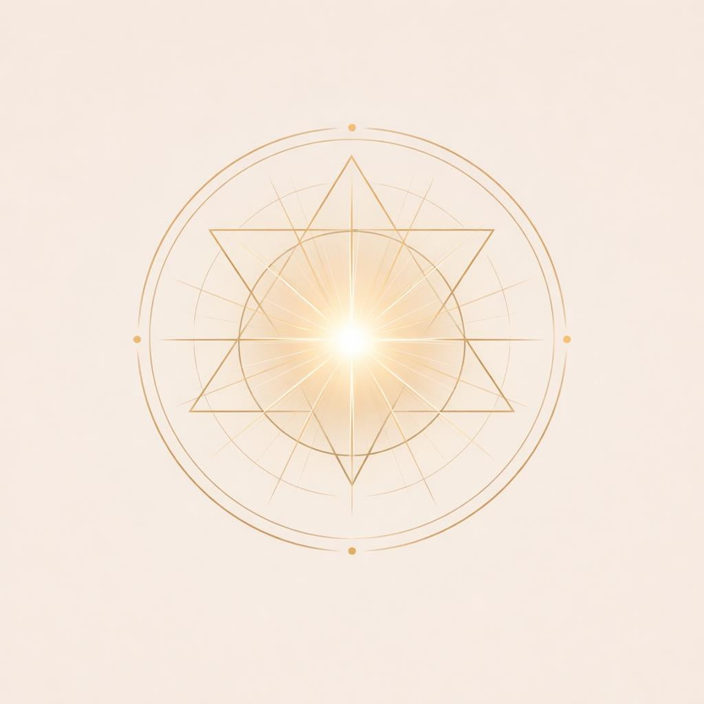 A minimalist golden geometric design featuring a central star and circle motif with a bright glowing light at the center, set against a soft beige background.