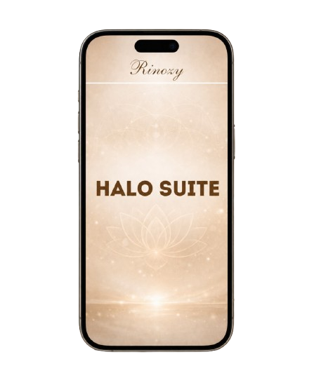 A smartphone shown front-on against a plain white background, with the screen displaying the text 'Rinozy' at the top and 'HALO SUITE' in large brown letters over a soft beige and gold abstract background with faint lotus-like line art.