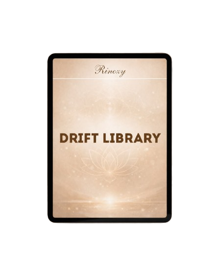 A black-framed electronic book or audiobook player displaying the cover art for 'DRIFT LIBRARY' by 'Rinovy' against a solid white background.