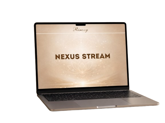 A laptop computer shown open against a plain white background, with a beige and gold screen displaying the text 'Nexus Stream' and the brand name 'Nemozy' at the top.